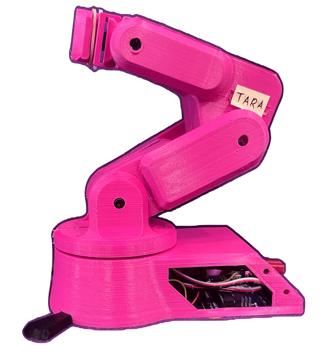 A pink 3D-printed robotic arm on a white background.