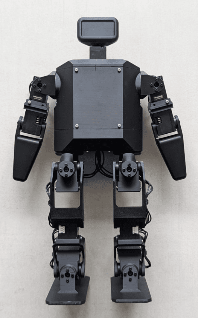 A black humanoid robot standing upright against a light background.