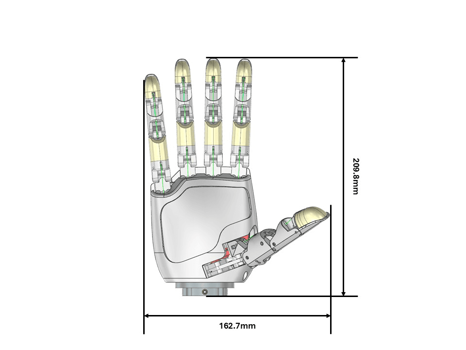 A CAD rendering of the Aero Hand Open robotic hand with dimension lines.