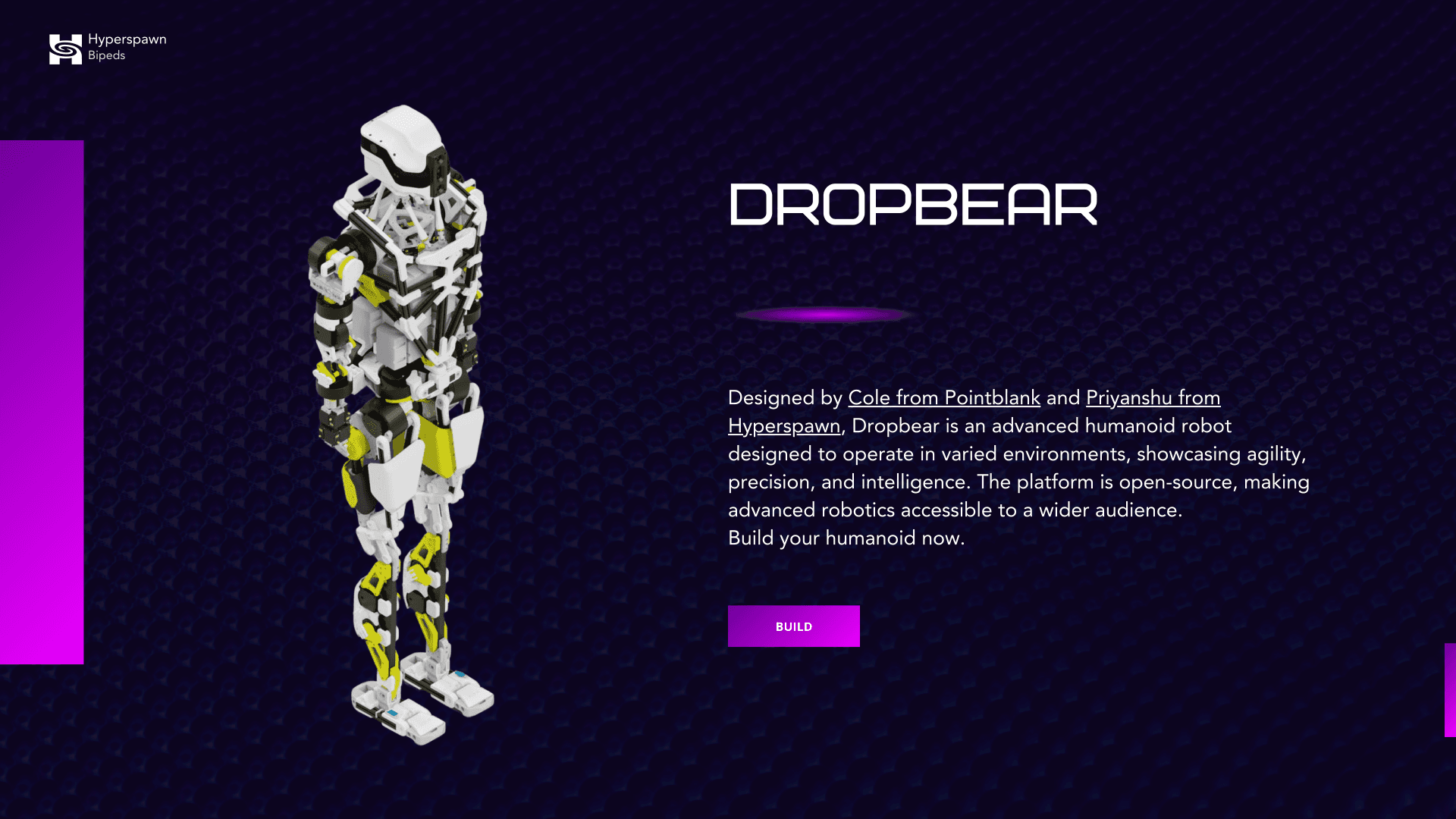 A render of the Dropbear humanoid robot shown in a project banner.