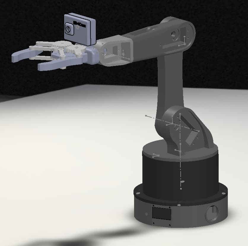 A rendered miniature robot arm with a two-finger gripper on a round base.