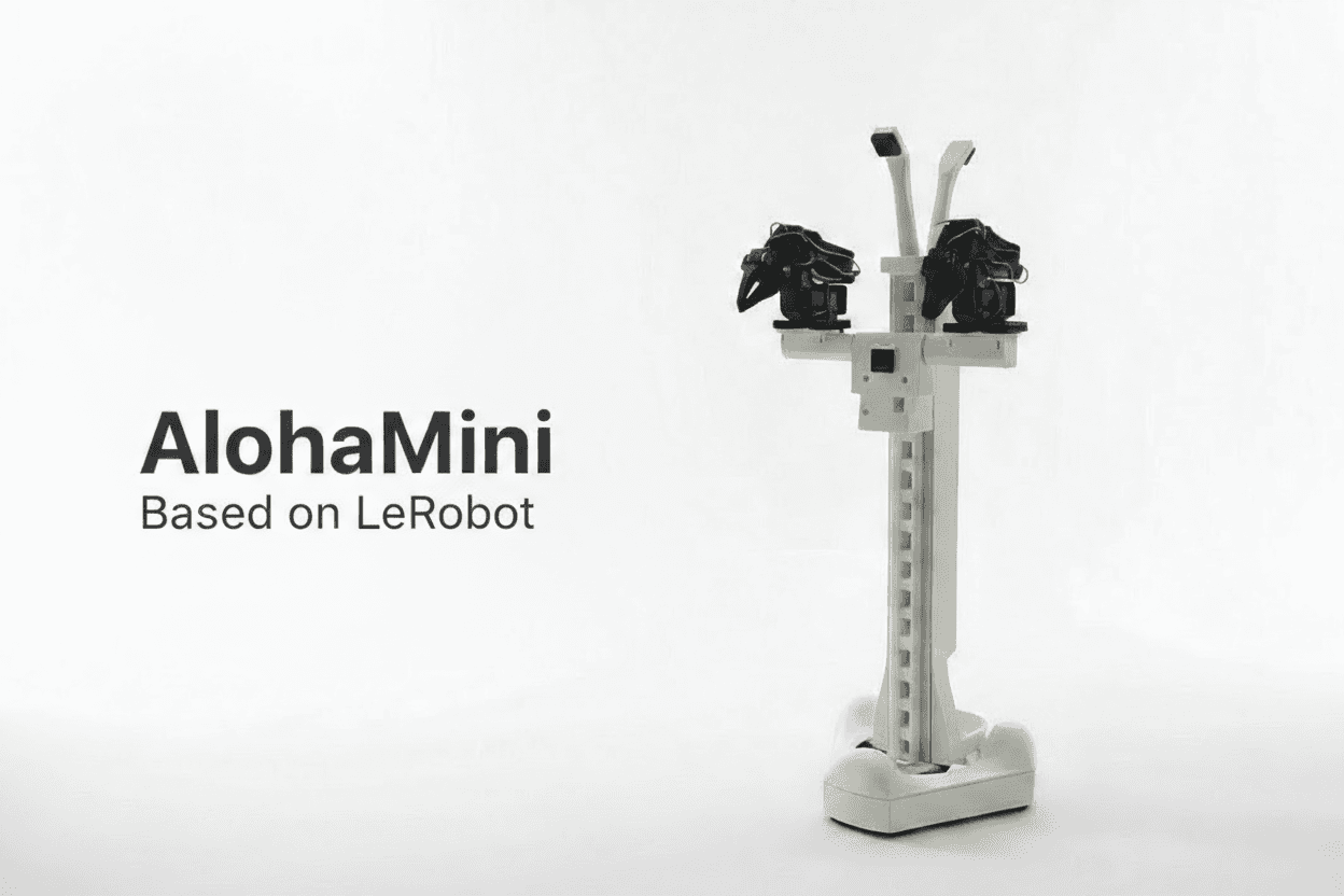 AlohaMini with two dark arm assemblies mounted high on a white vertical frame and base.