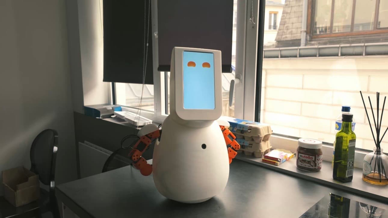 Bebo Jr standing on a desk, showing its screen, rounded body, and arms.