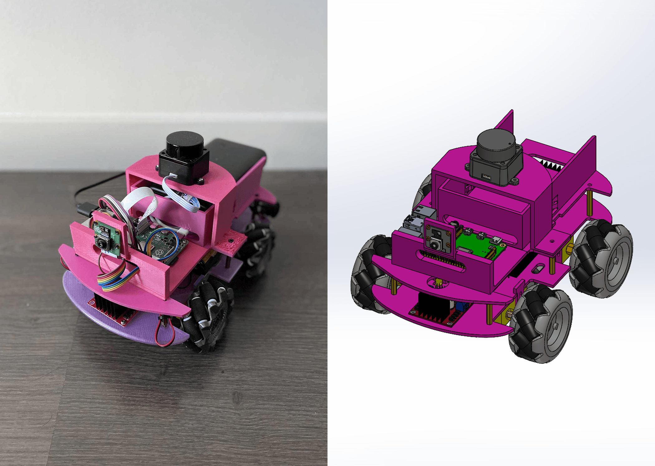 A physical pink robot on a table beside a CAD rendering of the robot.