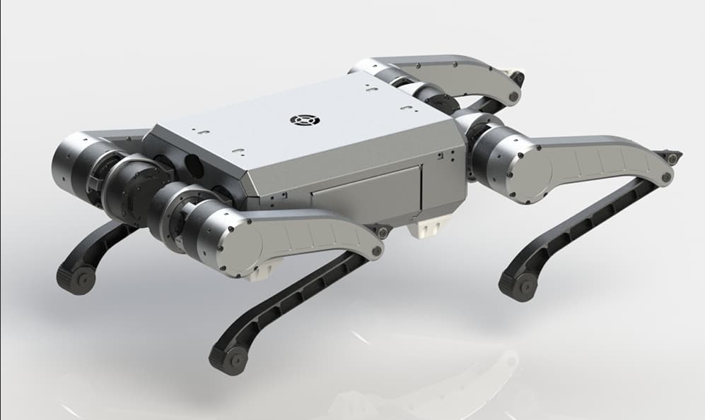 A rendered D1 quadruped robot with a rectangular body and four articulated legs.
