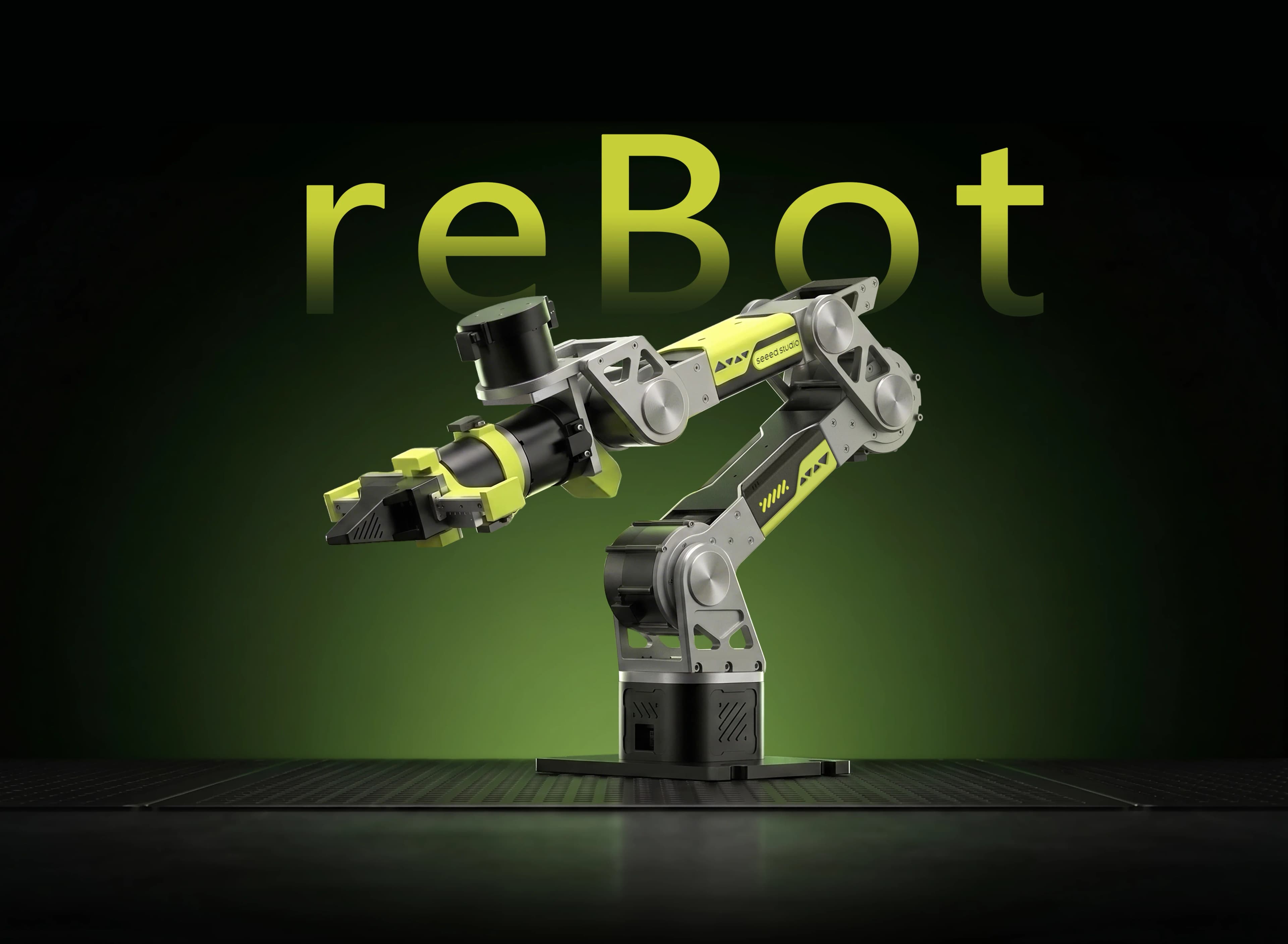 Render of a reBot robotic arm with black and yellow links and a gripper.