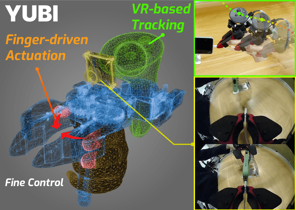 A rendered finger-driven gripper alongside photos showing the gripper mounted on robot arms.