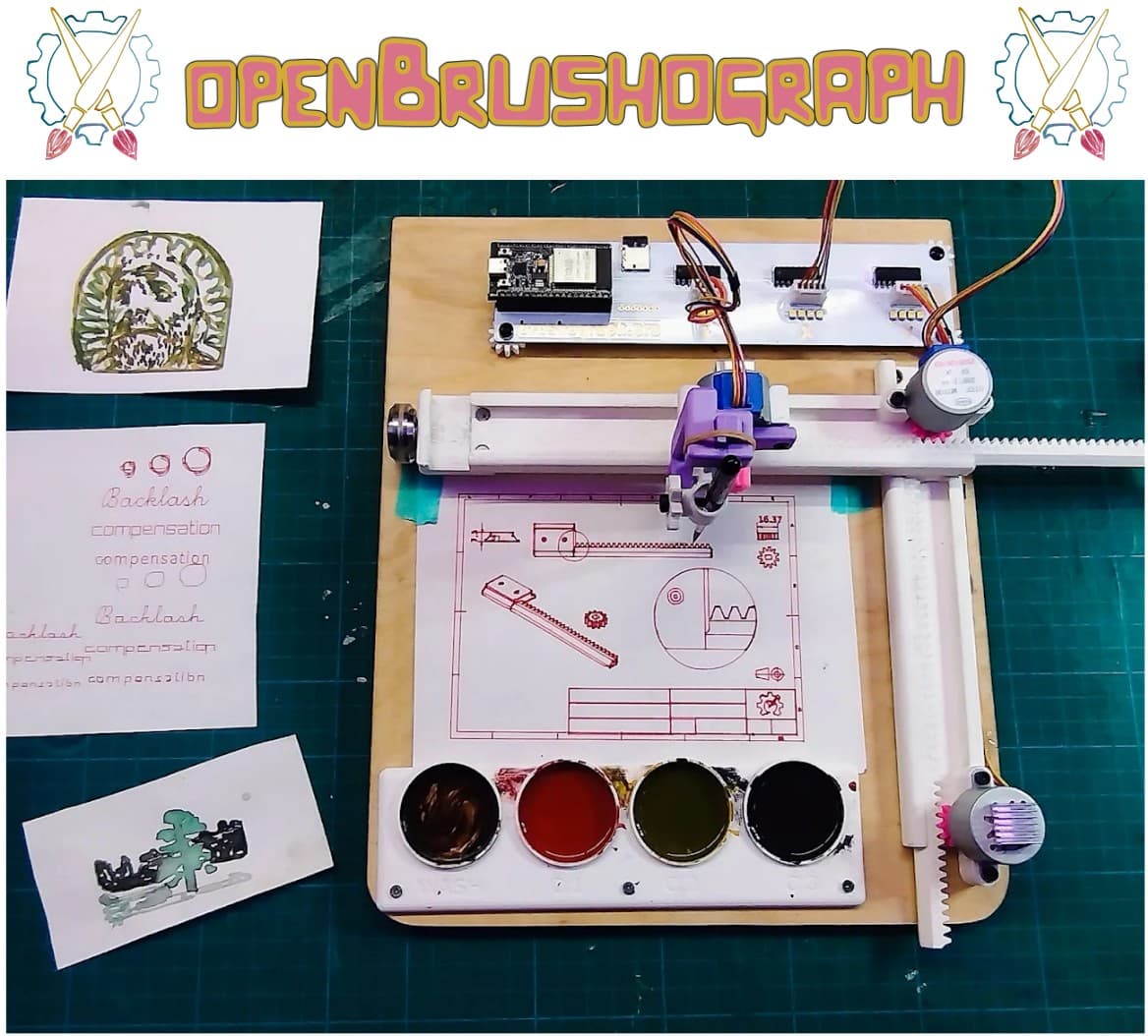 The openBrushograph gantry over paper, with paint containers and a brush carriage.