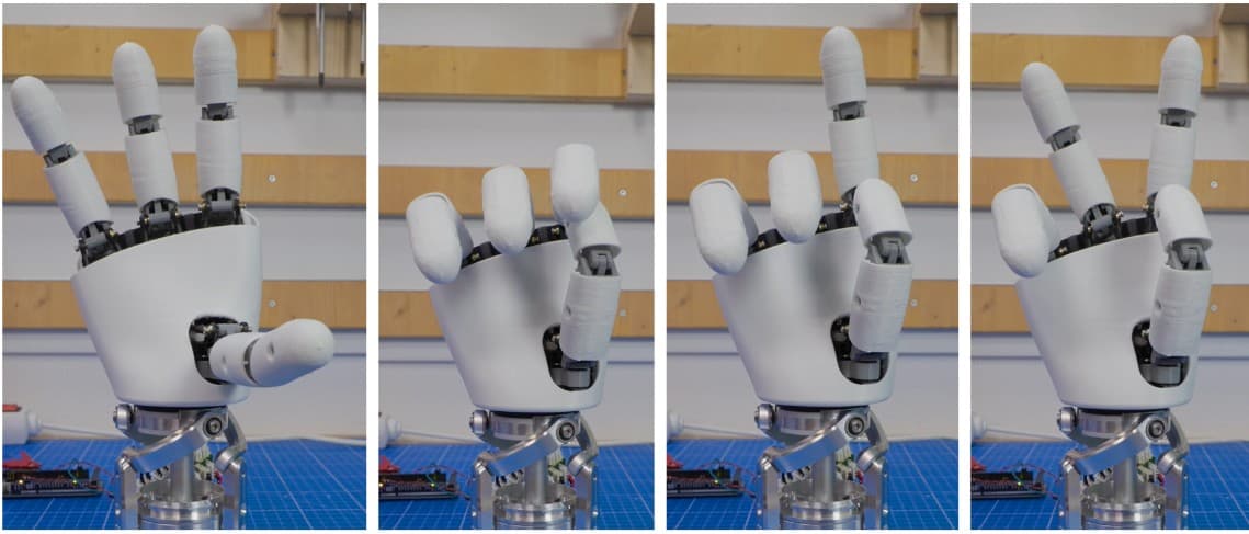 Four photos of the AmazingHand making different finger poses