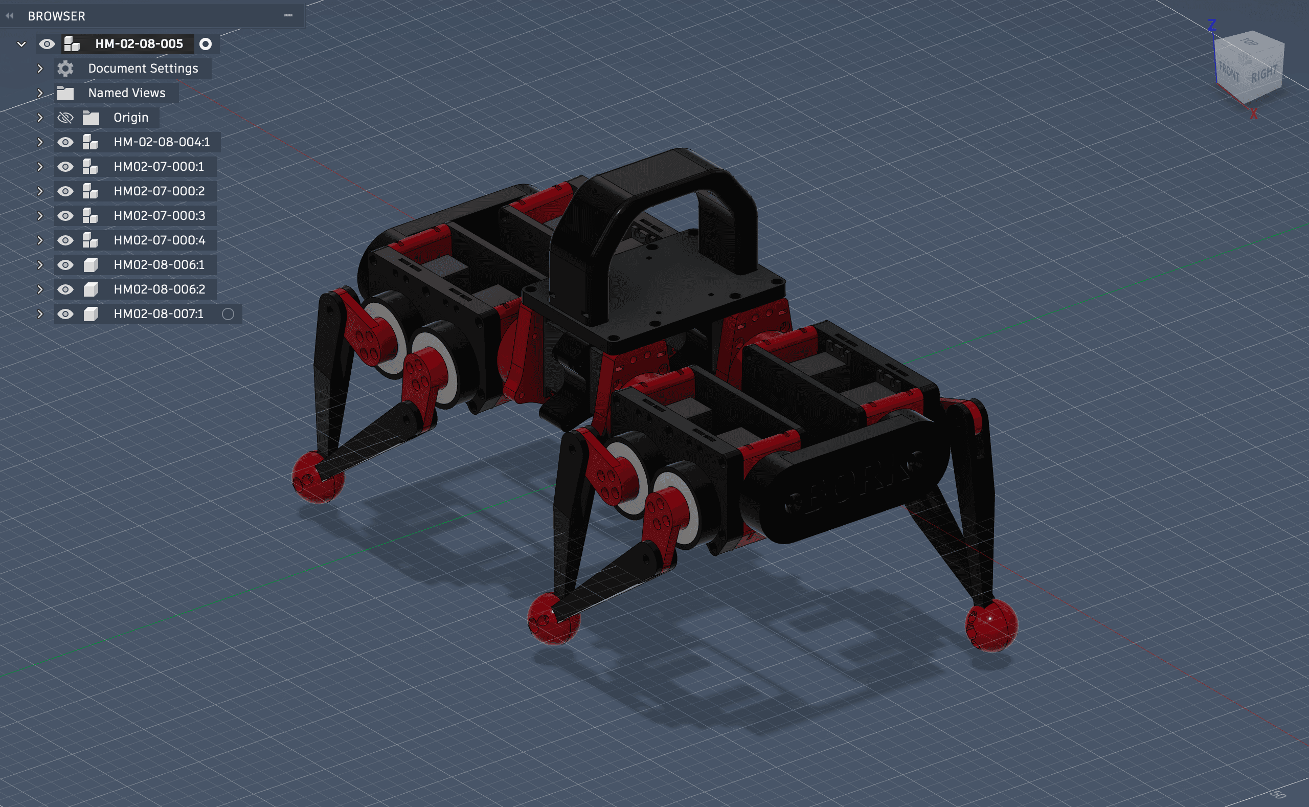 A Fusion 360 CAD rendering of the Pegasus quadruped robot.