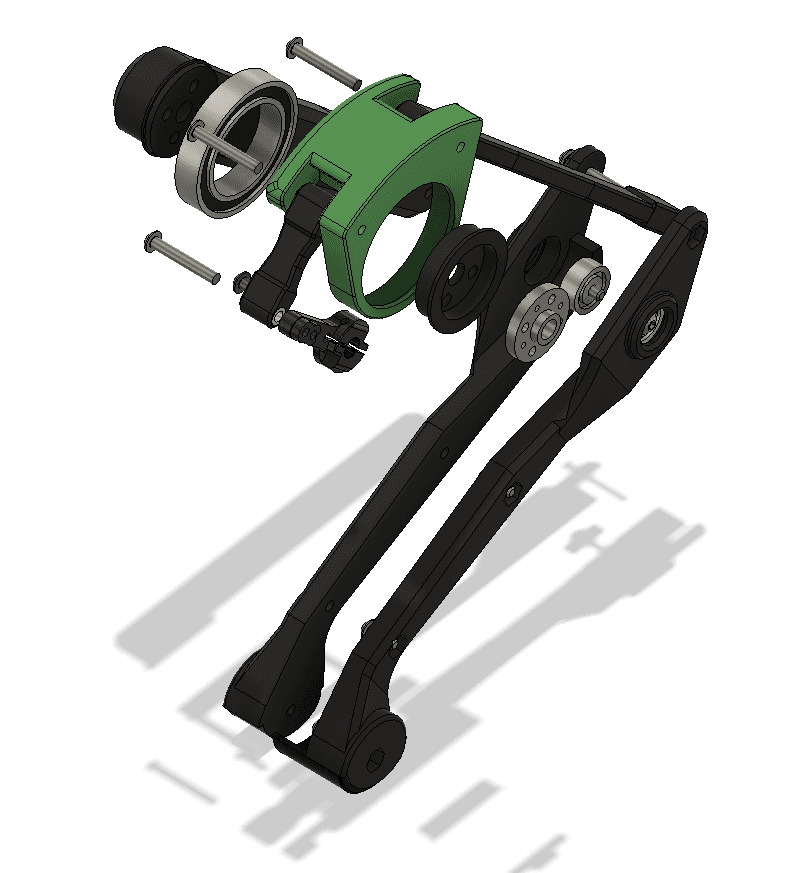 Exploded CAD rendering of a Yertle leg assembly.